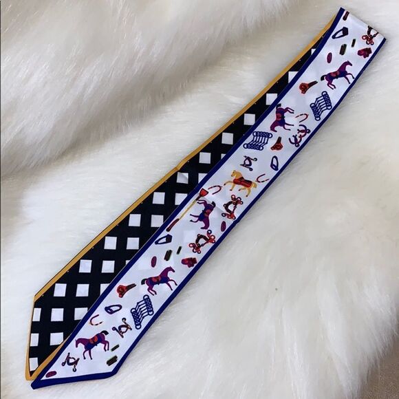 Silk Scarf Checkered Horse Twilly Bandeau Bag Tie - Picture 5 of 7